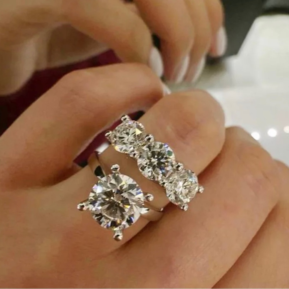 3 Carat Solitaire and 3 Stone Wedding Band Bridal Set - Size 6